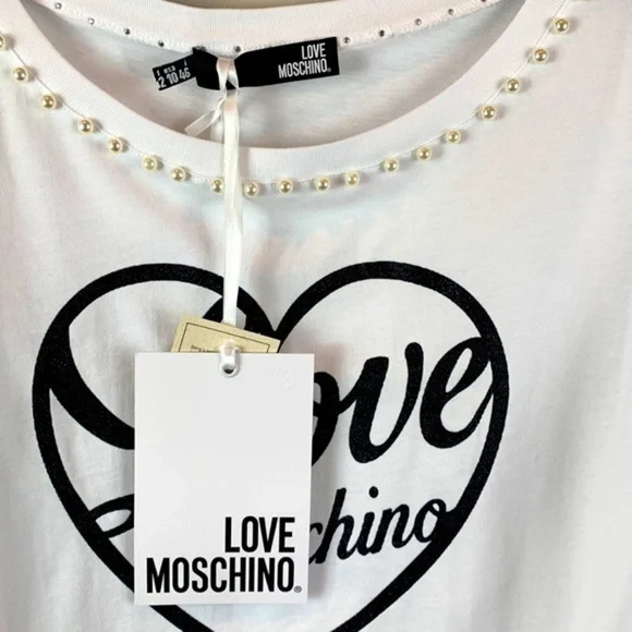 Authentic Love Moschino Faux Pearl Embellished Glittered Tee NWT - Picture 10 of 14